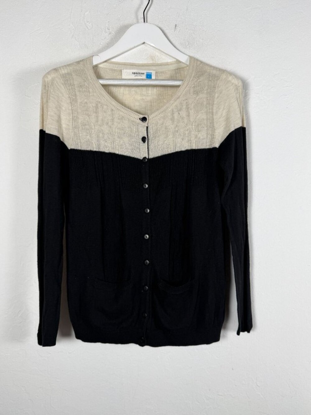 Sparrow Colorblock Cable Knit Cardigan Sweater Large Black Cream Cashmere Blend